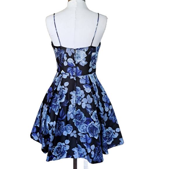BETSEY & ADAM Blue Black Floral Fit & Flare Mini Dress 10 Cocktail Formal Prom - Picture 4 of 10